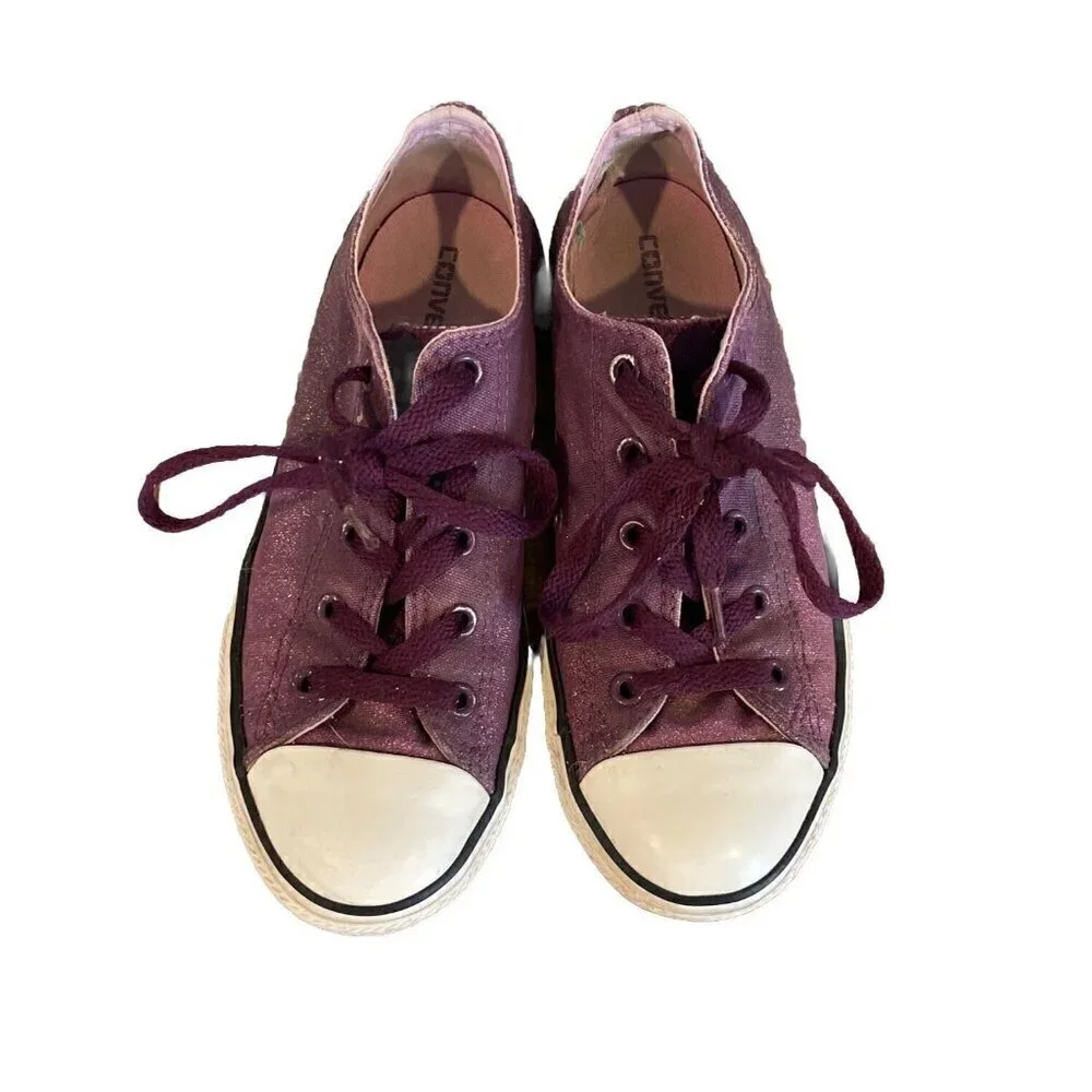 Converse All Star girls Junior Size 3 Low Top Purple Glitter Shoes Double Tongue